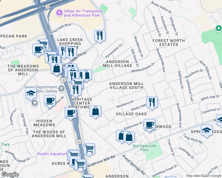 map of restaurants, bars, coffee shops, grocery stores, and more near 9717 Copper Creek Drive in Austin