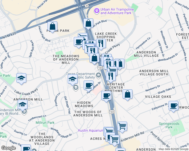 map of restaurants, bars, coffee shops, grocery stores, and more near 13740 Research Boulevard in Austin