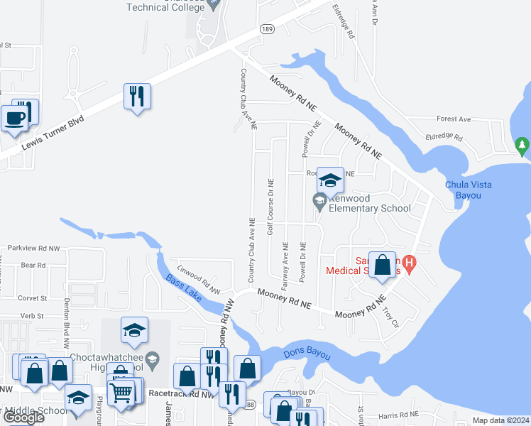 map of restaurants, bars, coffee shops, grocery stores, and more near 637 Golf Course Drive Northeast in Fort Walton Beach