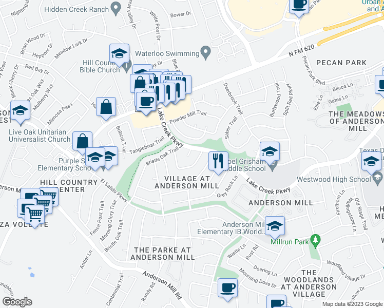 map of restaurants, bars, coffee shops, grocery stores, and more near 12109 Mill Hollow in Austin