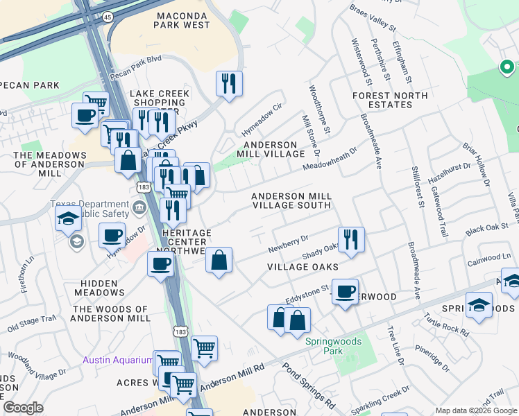 map of restaurants, bars, coffee shops, grocery stores, and more near 9712 Copper Creek Drive in Austin