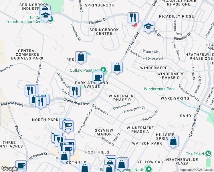 map of restaurants, bars, coffee shops, grocery stores, and more near 1000 Grand Avenue Parkway in Round Rock