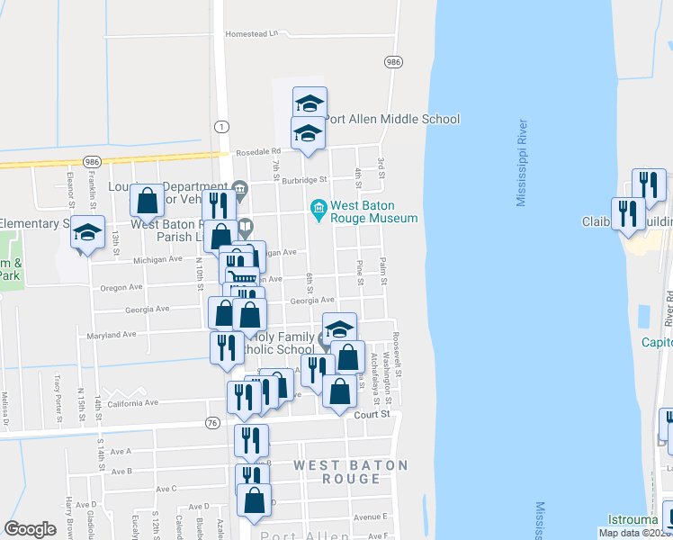 map of restaurants, bars, coffee shops, grocery stores, and more near 710 North Jefferson Avenue in Port Allen