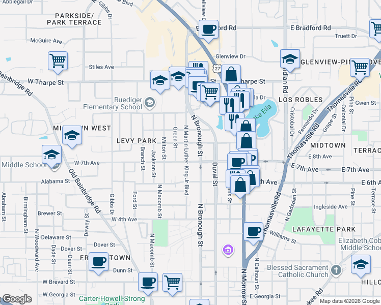map of restaurants, bars, coffee shops, grocery stores, and more near 319 West 8th Avenue in Tallahassee
