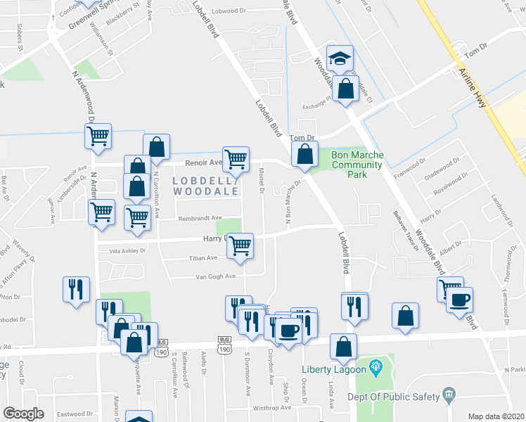 map of restaurants, bars, coffee shops, grocery stores, and more near 935 Monet Drive in Baton Rouge
