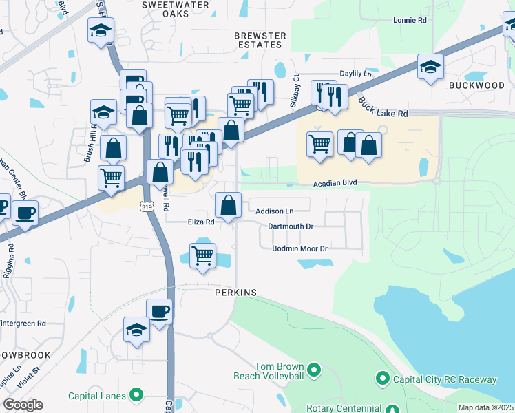 map of restaurants, bars, coffee shops, grocery stores, and more near 3243 Emerson Lane in Tallahassee