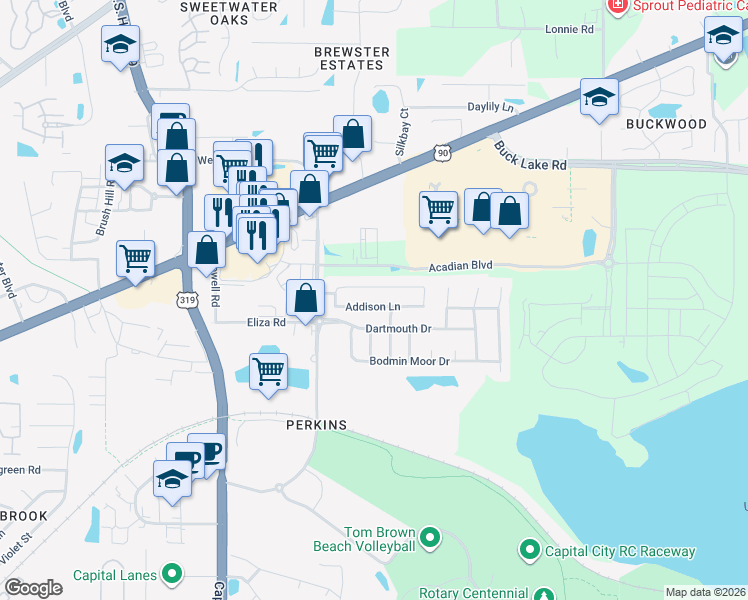 map of restaurants, bars, coffee shops, grocery stores, and more near 3243 Emerson Lane in Tallahassee