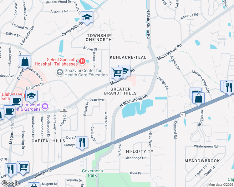 map of restaurants, bars, coffee shops, grocery stores, and more near 1413 McCauley Road in Tallahassee