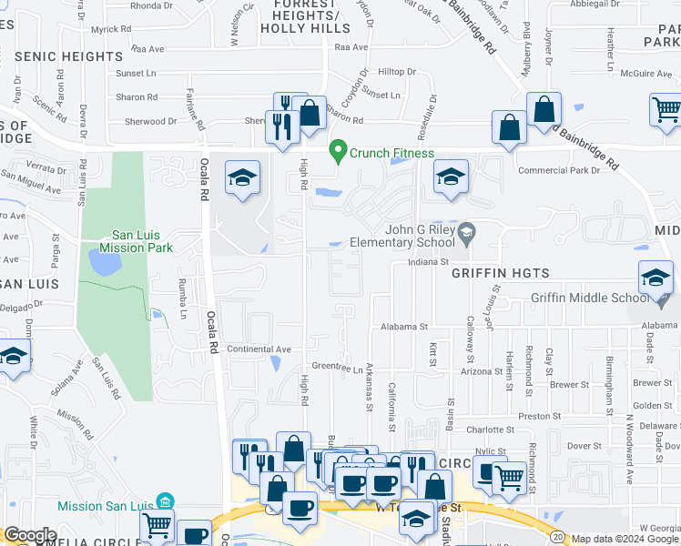 map of restaurants, bars, coffee shops, grocery stores, and more near 1327 High Road in Tallahassee