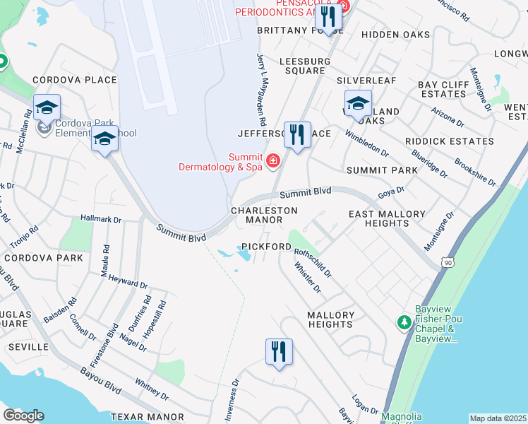 map of restaurants, bars, coffee shops, grocery stores, and more near 3190 Belle Meade Drive in Pensacola
