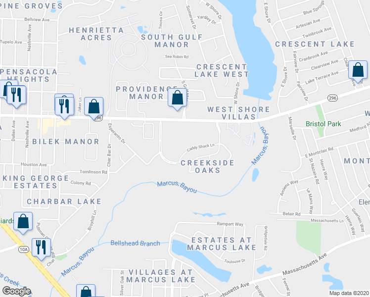 map of restaurants, bars, coffee shops, grocery stores, and more near 2340 Caddy Shack Lane in Pensacola
