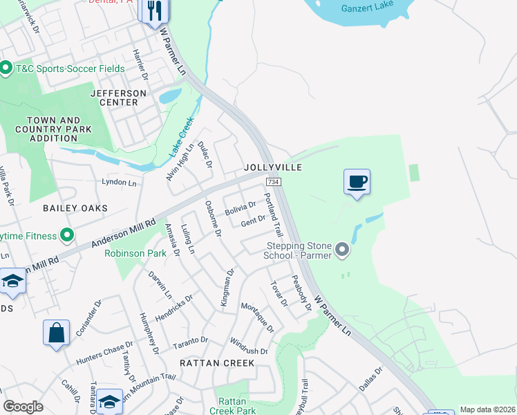 map of restaurants, bars, coffee shops, grocery stores, and more near 13535 Bolivia Drive in Austin