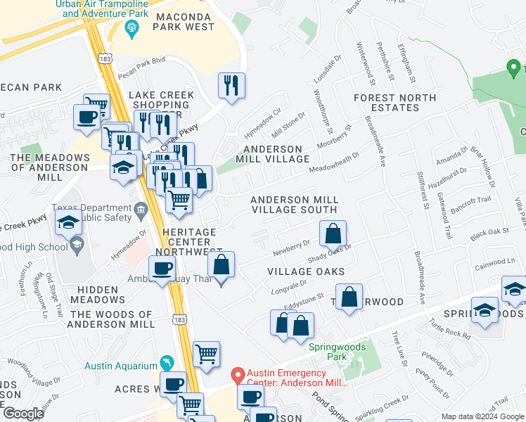 map of restaurants, bars, coffee shops, grocery stores, and more near 9712 Copper Creek Drive in Austin