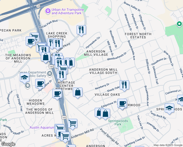 map of restaurants, bars, coffee shops, grocery stores, and more near 9712 Copper Creek Drive in Austin