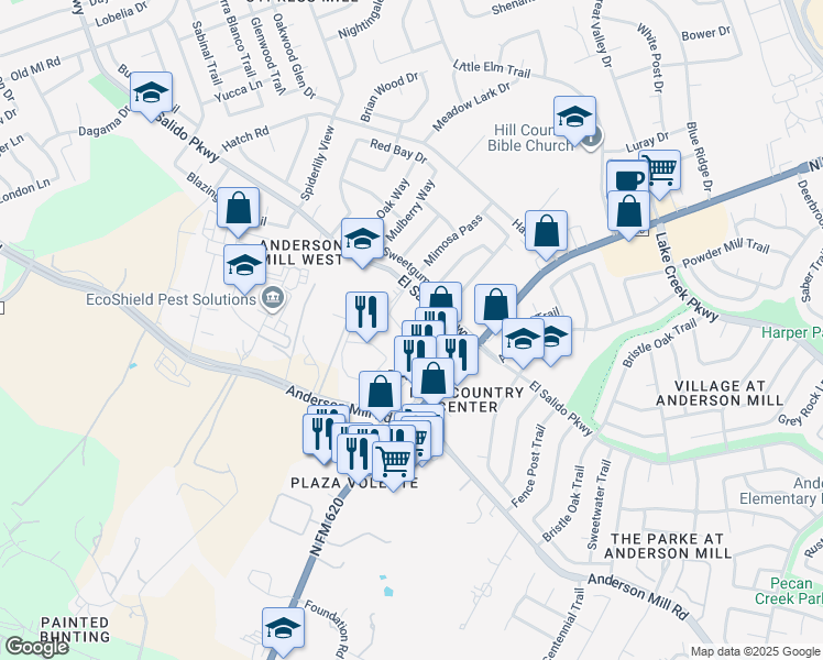 map of restaurants, bars, coffee shops, grocery stores, and more near 3401 El Salido Parkway in Cedar Park