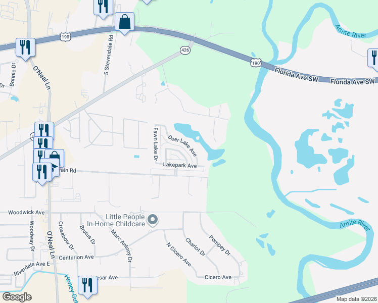 map of restaurants, bars, coffee shops, grocery stores, and more near 17407 Deer Lake Avenue in Baton Rouge
