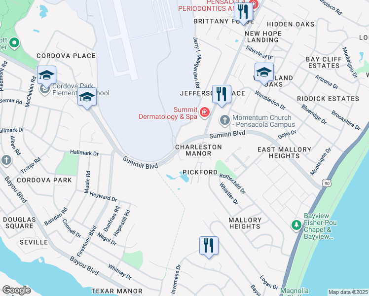map of restaurants, bars, coffee shops, grocery stores, and more near 3120 Belle Meade Drive in Pensacola