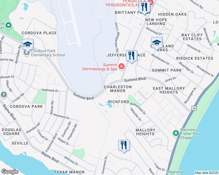 map of restaurants, bars, coffee shops, grocery stores, and more near 3120 Belle Meade Drive in Pensacola