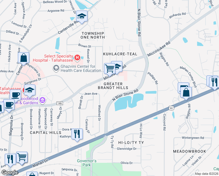 map of restaurants, bars, coffee shops, grocery stores, and more near 1413 McCauley Road in Tallahassee