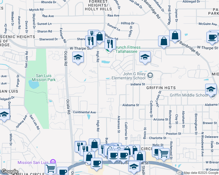 map of restaurants, bars, coffee shops, grocery stores, and more near 1327 High Road in Tallahassee