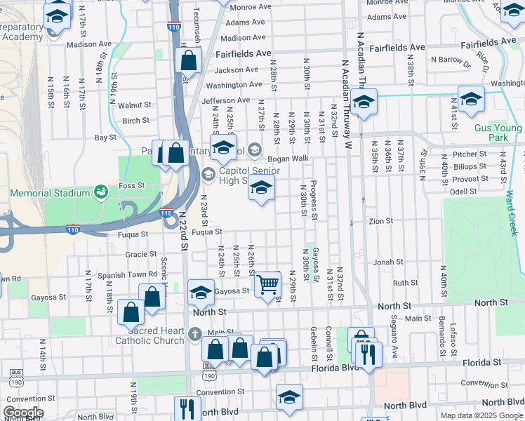 map of restaurants, bars, coffee shops, grocery stores, and more near 2700 Fuqua Street in Baton Rouge
