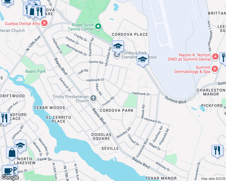 map of restaurants, bars, coffee shops, grocery stores, and more near 3920 McClellan Circle in Pensacola