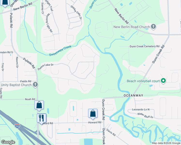 map of restaurants, bars, coffee shops, grocery stores, and more near 1503 Dunns Lake Drive East in Jacksonville