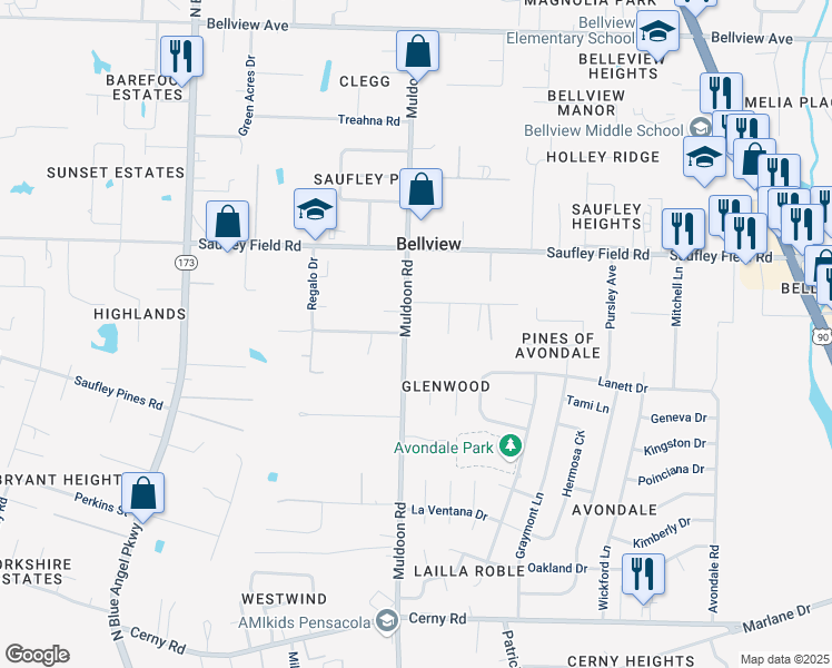 map of restaurants, bars, coffee shops, grocery stores, and more near 5912 Muldoon Road in Pensacola