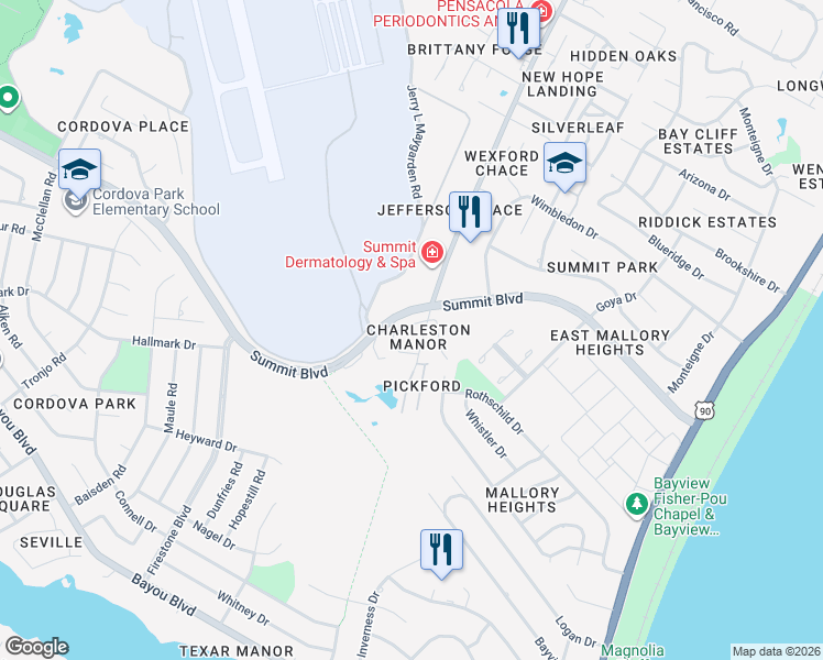 map of restaurants, bars, coffee shops, grocery stores, and more near 3190 Belle Meade Drive in Pensacola