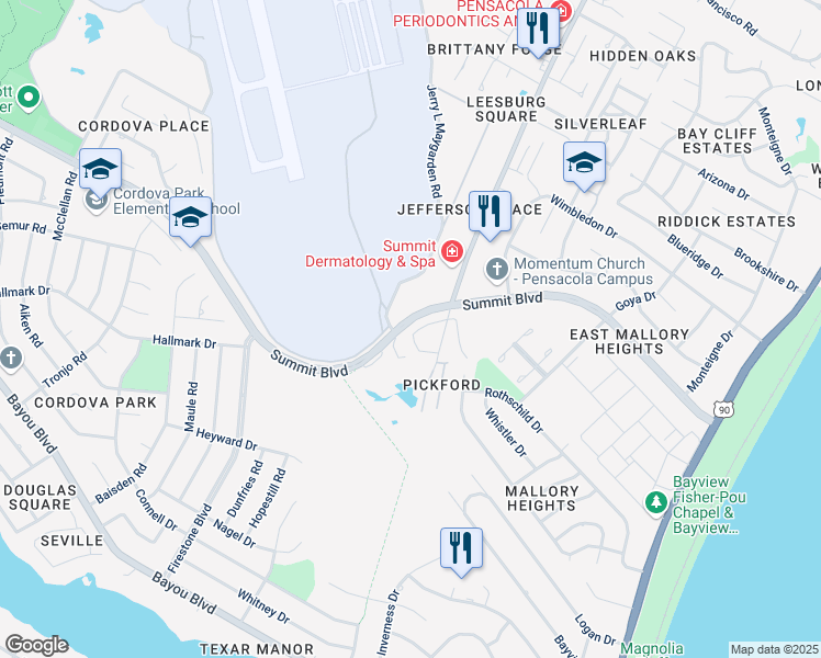 map of restaurants, bars, coffee shops, grocery stores, and more near 3120 Belle Meade Drive in Pensacola
