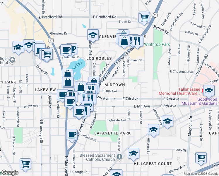 map of restaurants, bars, coffee shops, grocery stores, and more near 1455 Grape Street in Tallahassee
