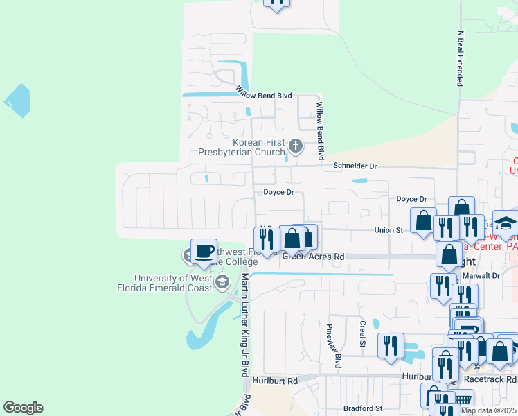 map of restaurants, bars, coffee shops, grocery stores, and more near 1339 Green Acres Boulevard in Fort Walton Beach