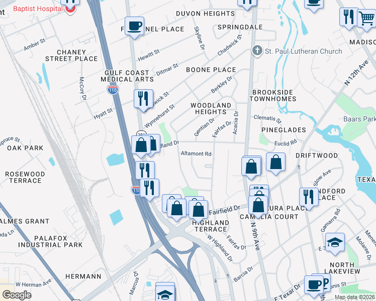 map of restaurants, bars, coffee shops, grocery stores, and more near 711 Woodland Drive in Pensacola