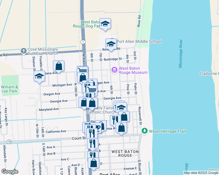 map of restaurants, bars, coffee shops, grocery stores, and more near 769 6th Street in Port Allen