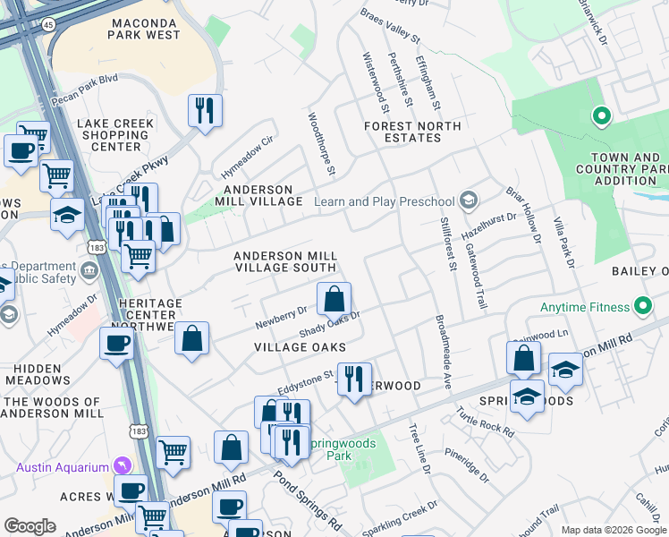 map of restaurants, bars, coffee shops, grocery stores, and more near 13005 Springvale Drive in Austin