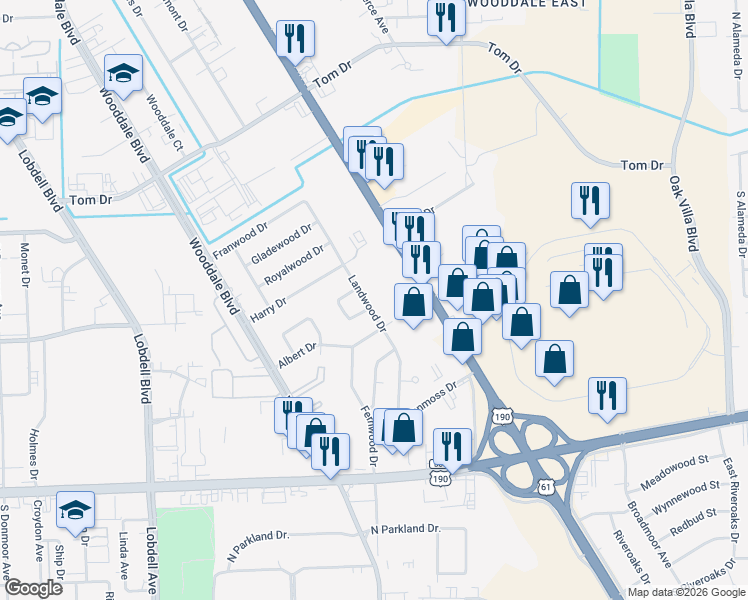 map of restaurants, bars, coffee shops, grocery stores, and more near 774 Landwood Drive in Baton Rouge