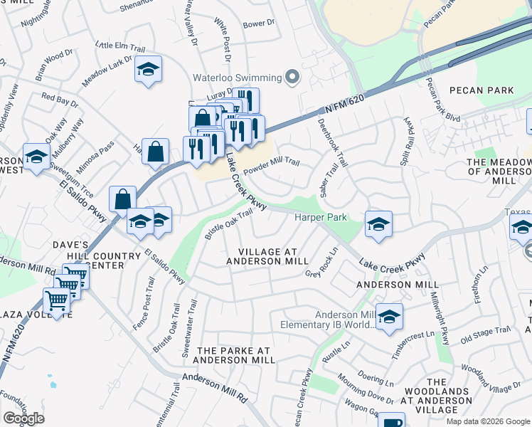 map of restaurants, bars, coffee shops, grocery stores, and more near 11301 Thorny Brook Trail in Austin