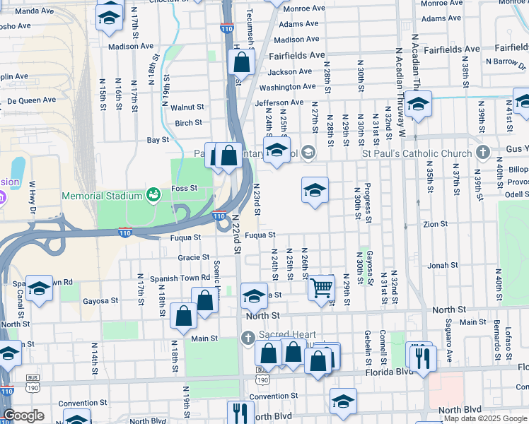 map of restaurants, bars, coffee shops, grocery stores, and more near 1000 North 23rd Street in Baton Rouge