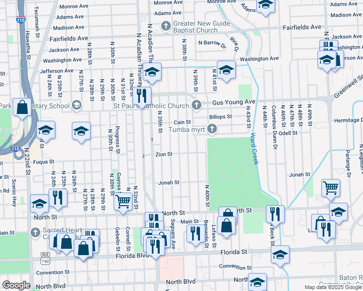map of restaurants, bars, coffee shops, grocery stores, and more near 1178 North 38th Street in Baton Rouge