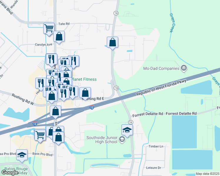 map of restaurants, bars, coffee shops, grocery stores, and more near 8483 Rushing Road East in Denham Springs