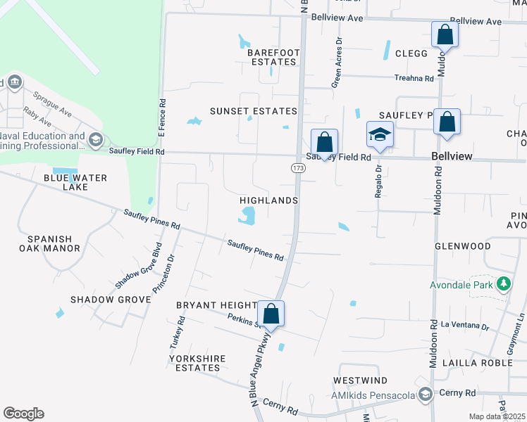 map of restaurants, bars, coffee shops, grocery stores, and more near 5807 Dandelion Lane in Pensacola