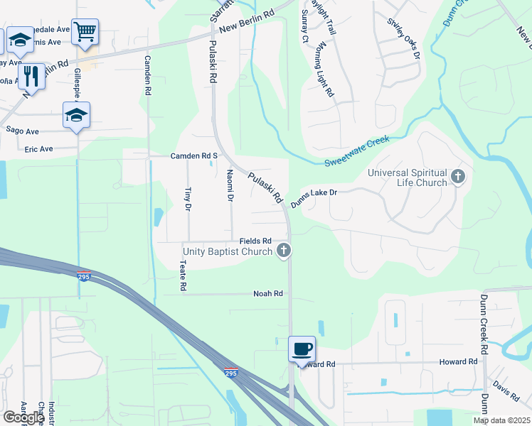 map of restaurants, bars, coffee shops, grocery stores, and more near 12254 Pulaski Road in Jacksonville