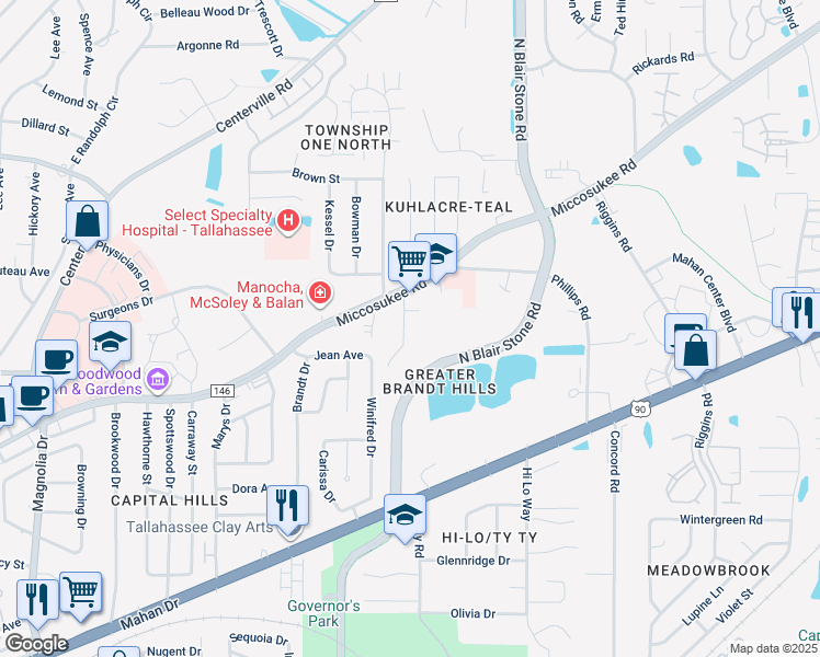 map of restaurants, bars, coffee shops, grocery stores, and more near 1413 McCauley Road in Tallahassee