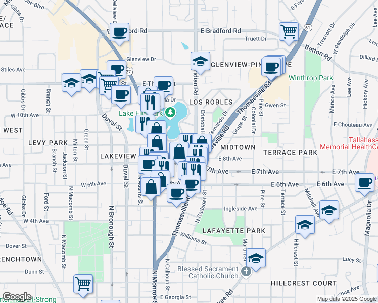 map of restaurants, bars, coffee shops, grocery stores, and more near 1420 North Meridian Road in Tallahassee