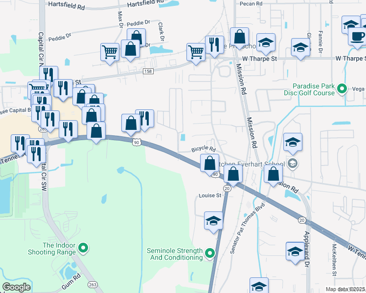 map of restaurants, bars, coffee shops, grocery stores, and more near 1800 Aster Lake Boulevard in Tallahassee
