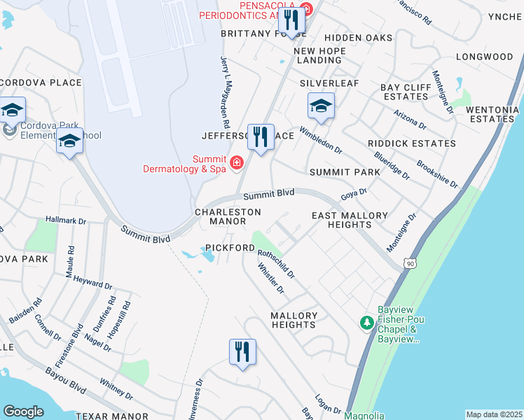 map of restaurants, bars, coffee shops, grocery stores, and more near in Pensacola