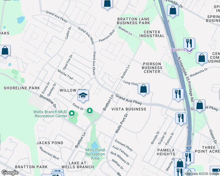 map of restaurants, bars, coffee shops, grocery stores, and more near 15720 Bratton Lane in Austin