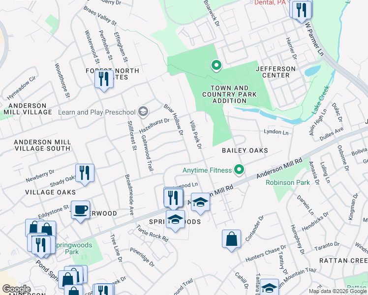 map of restaurants, bars, coffee shops, grocery stores, and more near 13203 Briar Hollow Drive in Austin