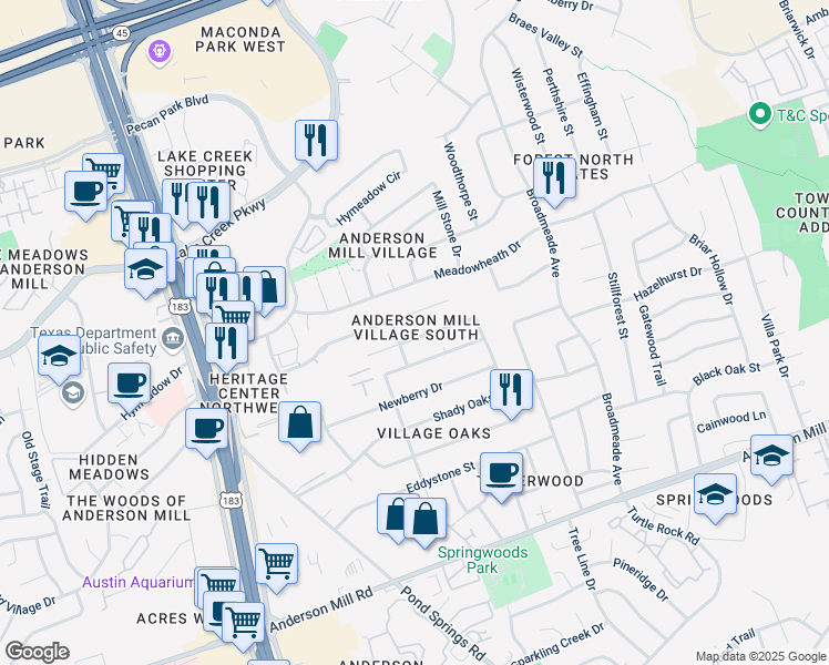 map of restaurants, bars, coffee shops, grocery stores, and more near 9629 Copper Creek Drive in Austin