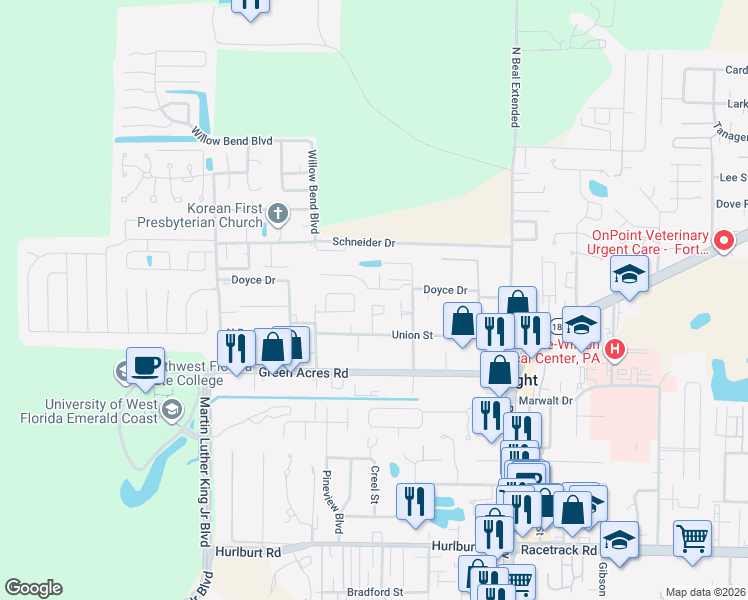 map of restaurants, bars, coffee shops, grocery stores, and more near 1860 Whispering Oaks Lane in Fort Walton Beach
